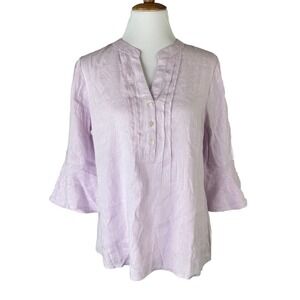 Soft Surroundings Linen Blend V Neck Pin Tuck 3/4 Bell Sleeve Lilac Top Petite M